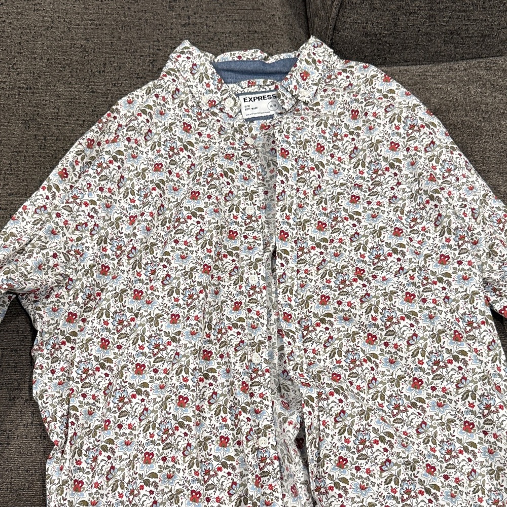 Express Casual Button Down Shirt - Red, Green, White Floral